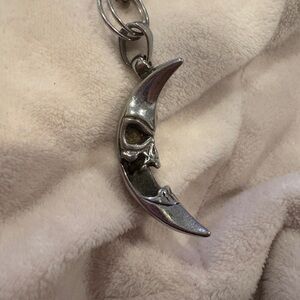 Silver Crescent Moon Skull Pendant